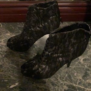 Silver with black lace ankle open toe platform booties